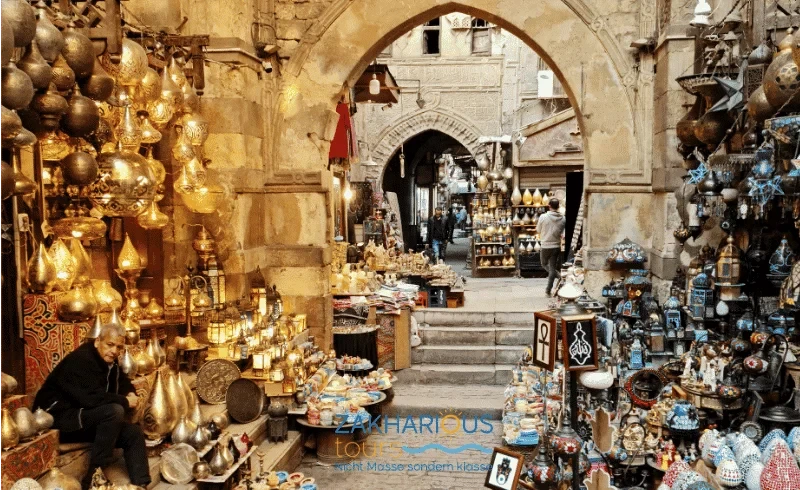 Lantern-lit alley in the Khan el-Khalili bazaar in the old city of Cairo
