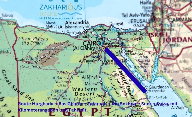 Karte der Route Hurghada–Kairo über Zafarana und Ain Sokhna, rund 460–500 km und 5–6 Stunden Fahrt