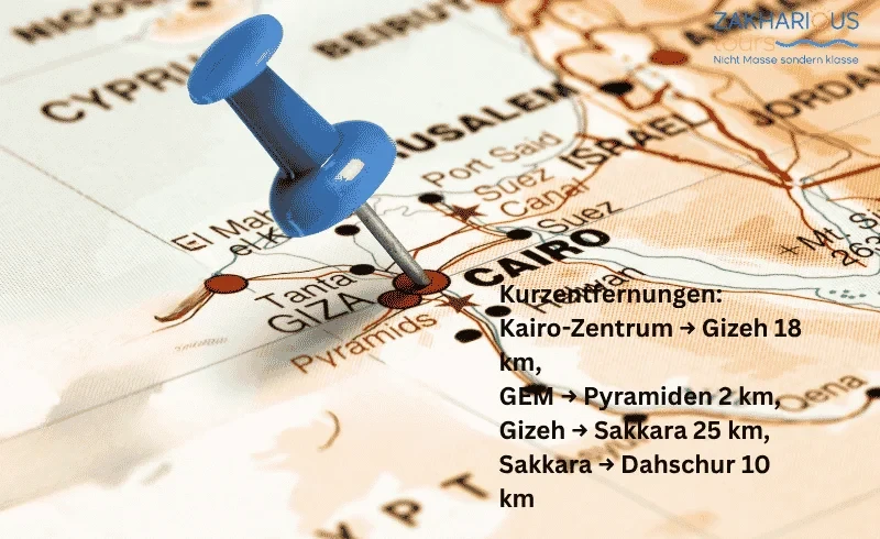 Entfernungen zwischen Kairo, Gizeh, Sakkara, Memphis und Dahschur in Kilometern